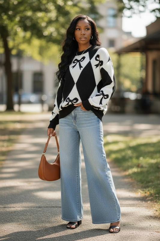 Bow Colorblock Rhombus Drop Shoulder Sweater